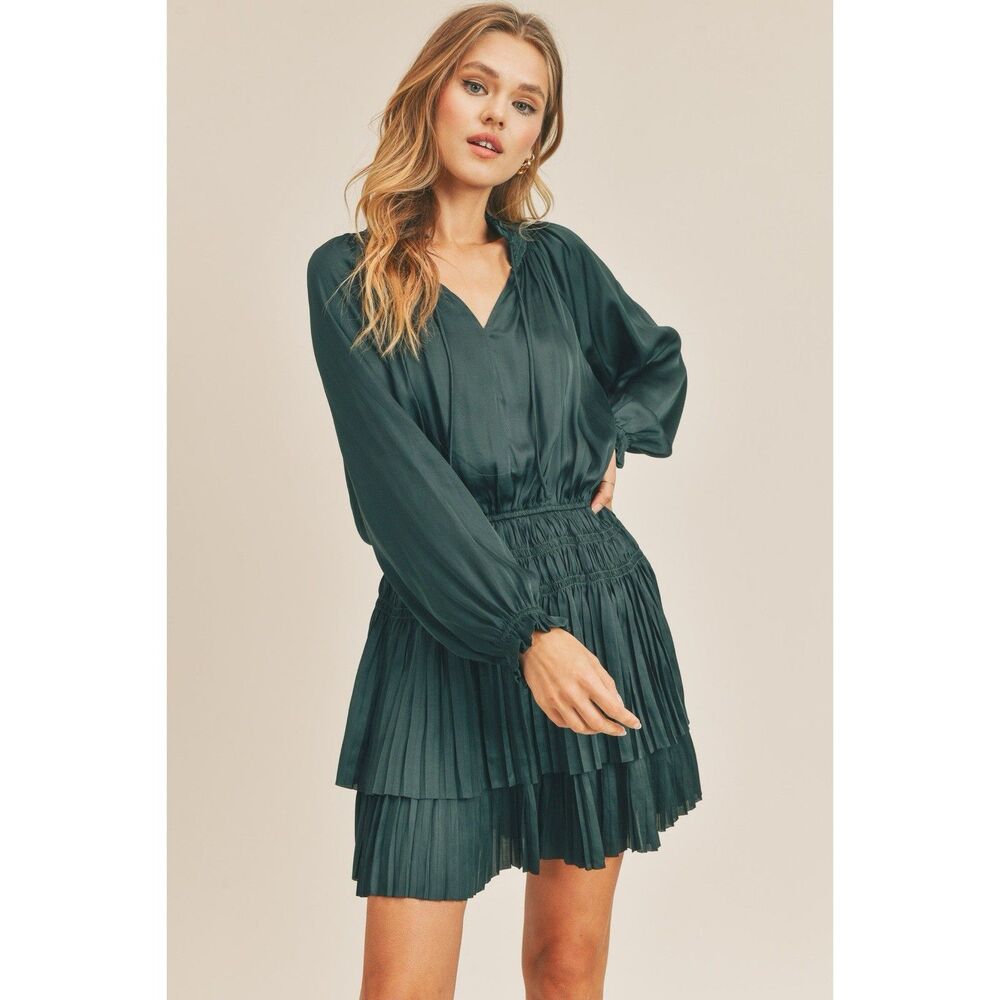Reset By Jane Women Lana Dress in Teal Blue Size S Long Sleeves Pleated Feminine - Picture 1 of 13